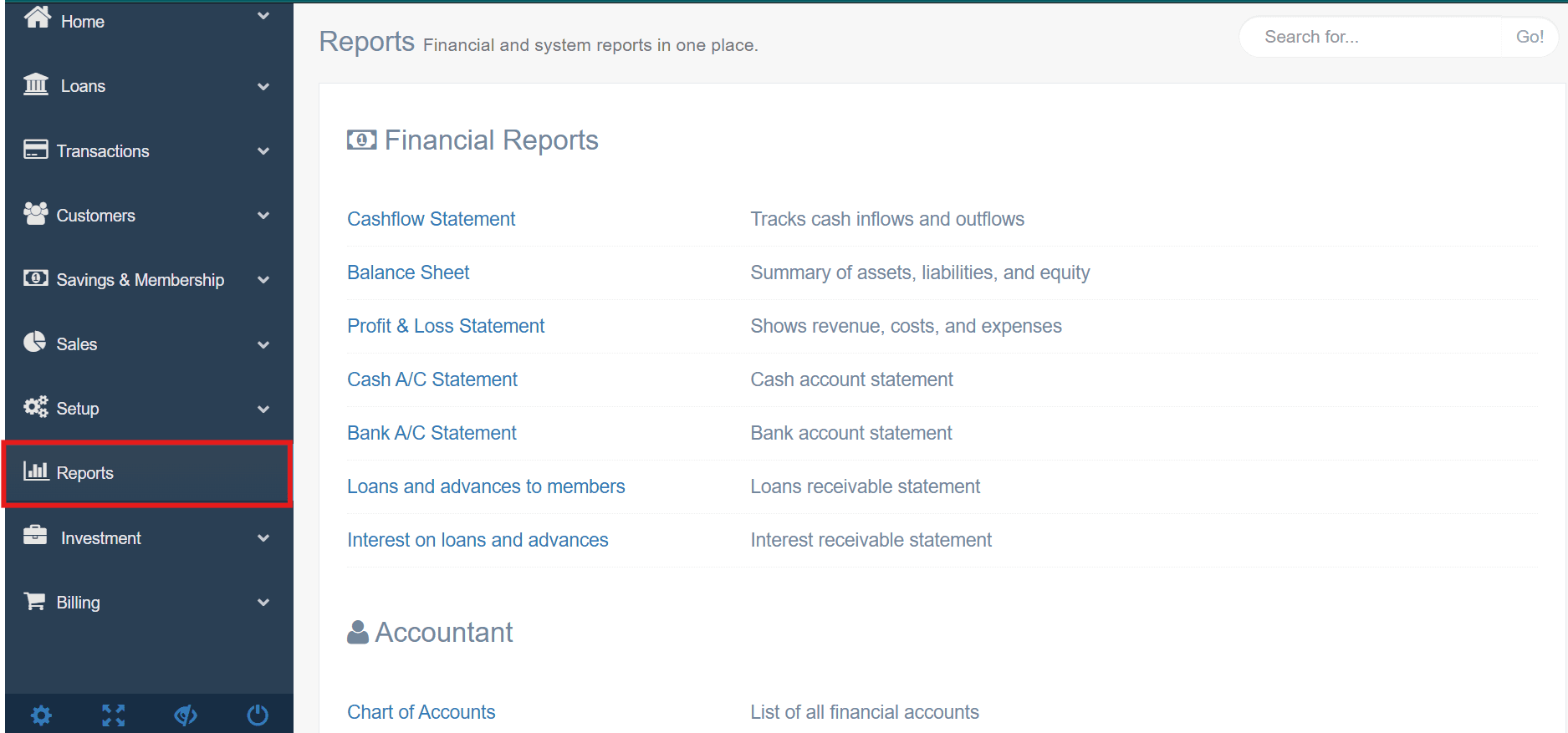 Figure 6.1a The centralized reports menu showing categories for Financial, Loan Book, and Risk Analysis.